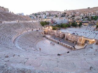 Sticker - Details of famous historical Roman Theater, ancient structure at sunset in Jerash, Jordan.