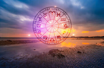 zodiac signs inside of horoscope circle. astrology in the sky with many stars and moons astrology an