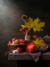 Rustic Still Life With Fly Agaric And Autumn Leaves On A Dark Background