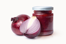 Red Onion Marmalade (jam) In Glass Jar And Fresh Onion Isolated On White Background. 