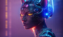 Woman's Head Detail At Neon Cat Futuristic Costume In Cyberpunk Style. Postproducted AI Generated 3d Illustration.