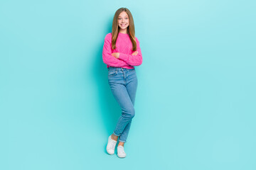 Sticker - Full length photo of cute nice glad lady wear pink denim outfit arm folded good mood isolated on cyan color background