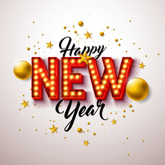 Wall Mural - Happy New Year 2023 Illustration with Glowing Light Bulb Number and Gold Glass Ball on White Background. Vector Christmas Holiday Season Design for Flyer, Greeting Card, Banner, Celebration Poster