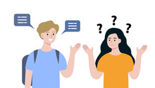 Communication Problem, Language Barrier Concepts. People Having Misunderstanding. Woman With Question Mark Above Head. Flat Cartoon People Vector Design Illustration.
