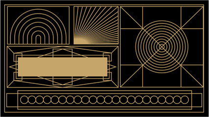 Gold art deco panels on dark black background. Vintage antique palette art deco wallpaper pattern vector