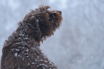 Wall Mural - a portrait of a dog, a pudelpointer, at a snowy winter day , snowflakes on the dog nose