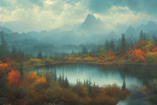 Misty Morning Over Mountain Lake And Woods, Serene Scene