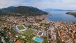 Aerial view of Salo city on Lake Garda with houses in the morning