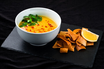 Sticker - Fresh pumpkin soup puree with herbs, peppers and chips.