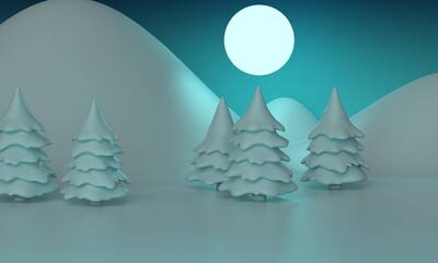 Poster - Forest winter landscape with moon. 3d rendering