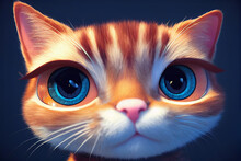 Adorable Cute Cartoon Kitty Cat, Big Dewy Eyes, Closeup View