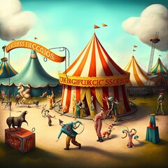 Circus establishment with red and white tent, surreal image