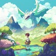 A young boy in a fairytale setting, with a mythical dragon like creature and a big sun in the background, cartoon illustration in Japanese anime style, boyhood concept.