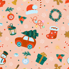 Wall Mural - Seamless pattern with traditional flat Christmas and New Year elements. Vector illustration. Wallpapers and wrapping paper.