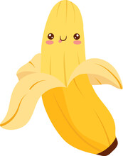 Yellow Banana, Wholesome Food, Bright Funny Kawaii, In Cartoon Style, Juicy Tropical Fruit, Design, Flat Vector Illustration.