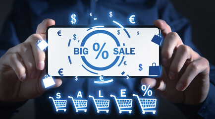 Wall Mural - Big Sale with a currency symbols, shopping cart and percent symbols on smartphone screen.