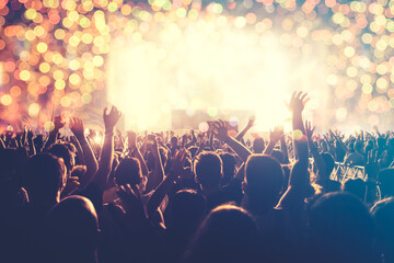 Canvas Print - Crowd at concert and blurred stage lights.