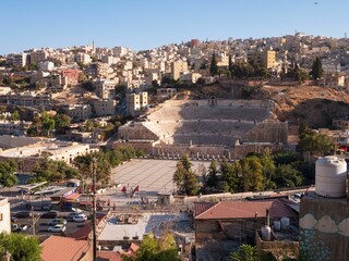 Sticker - Old city of Amman, downtown with many apartment buildings and Roman theater. Capital of Jordan.