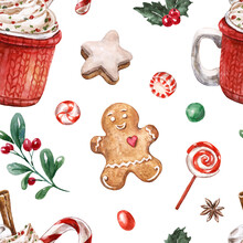Watercolor Christmas Pattern. Seamless Holiday Designer Paper With Red Mug, Gingerbread Cookies, And Holly Berry On White Background.