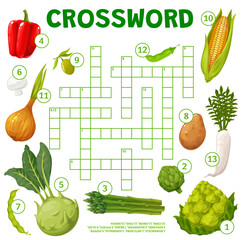 Aufkleber - Cartoon farm vegetables crossword puzzle worksheet. Find a word quiz game, children playing activity or kids vocabulary puzzle vector book page template. Children intelligence riddle game with veggies