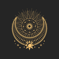 Sticker - Crescent and moon esoteric occult symbols, magic tarot sign. Occultism, alchemy and astrology sacred religion mystic emblem. Vector wiccan amulet with sun, stars and moon with radiant rays