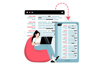 software development concept with people scene in flat design. woman developer creating programs and