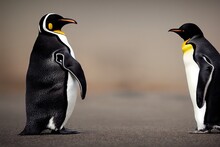 Pair Of Emperor Penguins Stand On Sand By Sea