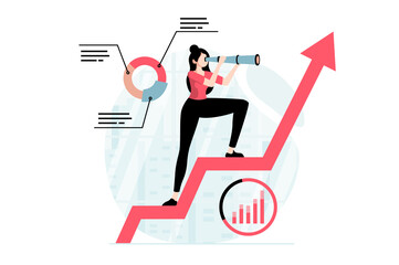 Wall Mural - Strategic planning concept with people scene in flat design. Woman finds new opportunities, plans strategy for development and profit growth. Illustration with character situation for web