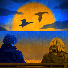 Ducks Flying Across Setting Sun And Two Lonely People On Bench