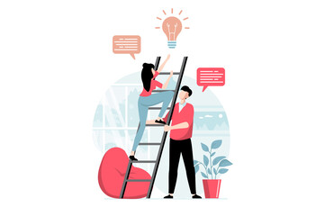 Leinwandbilder - Teamwork concept with people scene in flat design. Colleagues generate new ideas and brainstorming, woman climbs ladder and man supports her. Illustration with character situation for web