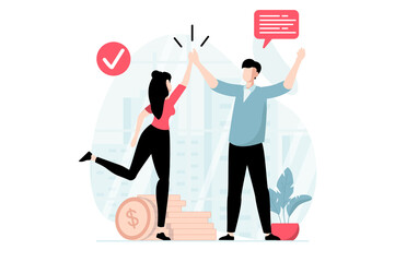 Aufkleber - Teamwork concept with people scene in flat design. Man and woman give high five, discuss tasks and communicate, success cooperate and collaborate. Illustration with character situation for web
