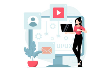 UI and UX design concept with people scene in flat style. Woman work as designers, create interfaces and content, places buttons on template. Illustration with character situation for web