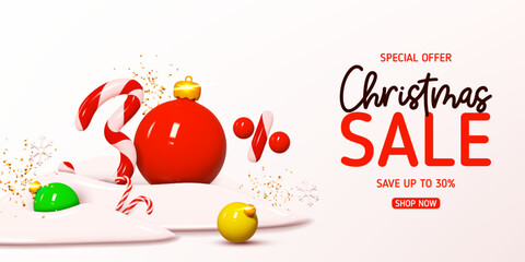 Wall Mural - Christmas sale banner template. Vector illustration with holiday decorations and candy number with amount of discount. Ad background with realistic 3d elements for Christmas sale.