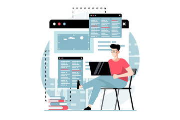 Aufkleber - Web development concept with people scene in flat design. Man programming and writing code, tests and fixes bugs, works on different screens. Illustration with character situation for web
