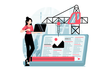 Web development concept with people scene in flat design. Woman writes code and builds wireframe template, optimizes and configures software. Illustration with character situation for web
