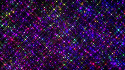 Wall Mural - A composite video of various vibrant coloured confetti floating particles with sparkling light glints and glares against a black background in a seamless loop.