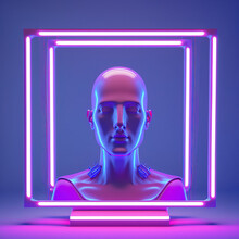 3d Render, Futuristic Mannequin Bald Head Inside The Glowing Neon Square Frame, Isolated On Violet Blue Background. Fashion Portrait
