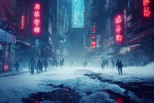 Cyberpunk Post-apocalyptic Dystopian Winter City , Narrow Street, Neon Lights, Concept Art, Digital Painting