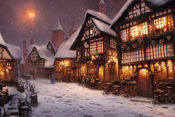 Wall Mural - Beautiful medieval street in winter. Digital artwork