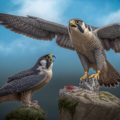 Canvas Print - Peregrine Falcons family on the rocks at the top of a cliff