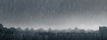 Rain Over The City. Dark Moody Rainy Clouds Over Modern City Skyline Panorama. Wide Angle.