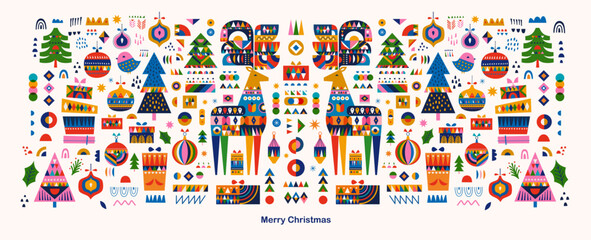 Wall Mural - big christmas set in scandinavian style with deers and christmas trees.