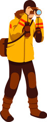 Poster - Man taking pictures in winter semi flat color raster character. Standing figure. Full body person on white. Shooting outdoors simple cartoon style illustration for web graphic design and animation