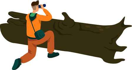Poster - Man shooting wildlife photos semi flat color raster character. Hiding figure. Full body person on white. Nature photographer simple cartoon style illustration for web graphic design and animation