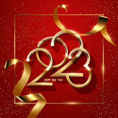 2023 Happy new year greeting card vector template. Festive Christmas social media banner design with congratulations. Golden numbers in frame with confetti realistic illustration.