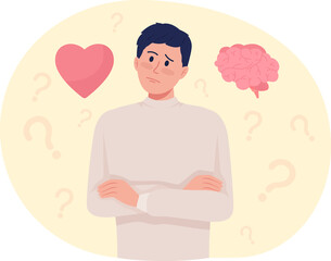 Poster - Difficult choice 2D raster isolated illustration. Doubtful man flat character on cartoon background. Mind and heart. Listen to heart colourful scene for mobile, website, presentation