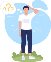 Poster - Feeling confused 2D raster isolated illustration. Doubting and questioning flat character on cartoon background. Man scratching head colourful scene for mobile, website, presentation