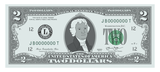 Wall Mural - US Dollars 2 banknote - American dollar bill cash money isolated on white background - two dollars