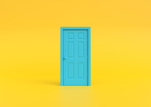 Closed Blue Door In Yellow Background Room. Architectural Design Element. Minimal Creative Concept. 3D Rendering 3D Illustration