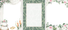 Watercolor Wedding Frame Set. Sage Green Wedding Design. Eucalyotus, Flowers, Cake. Romantic Poster. Hand Drawn Illustration.